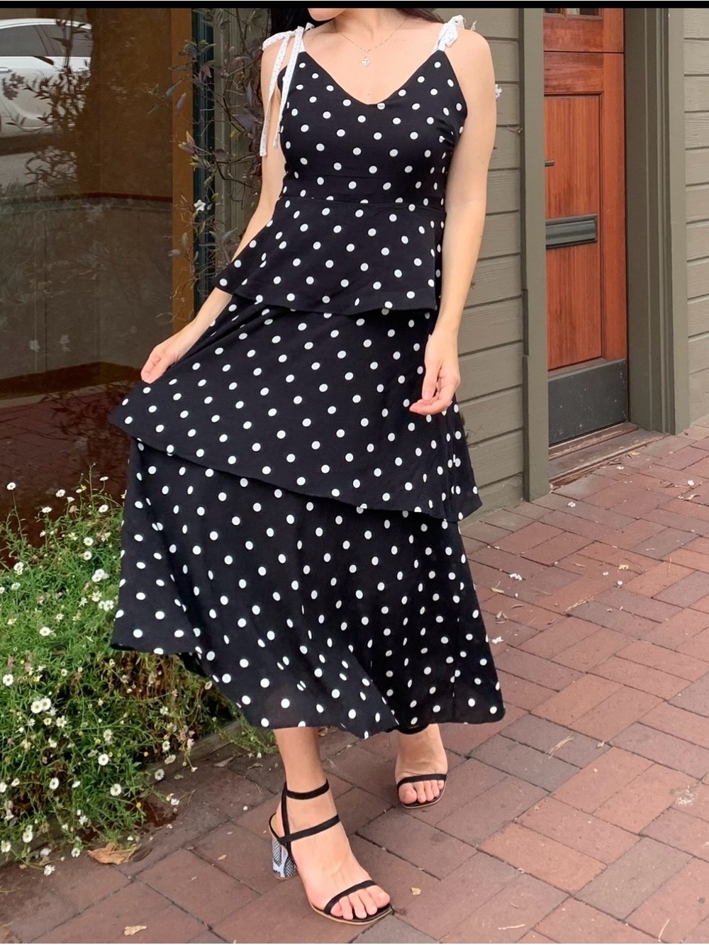 Francesca's Collections Black and White Polka Dot Tiered Midi Dress
